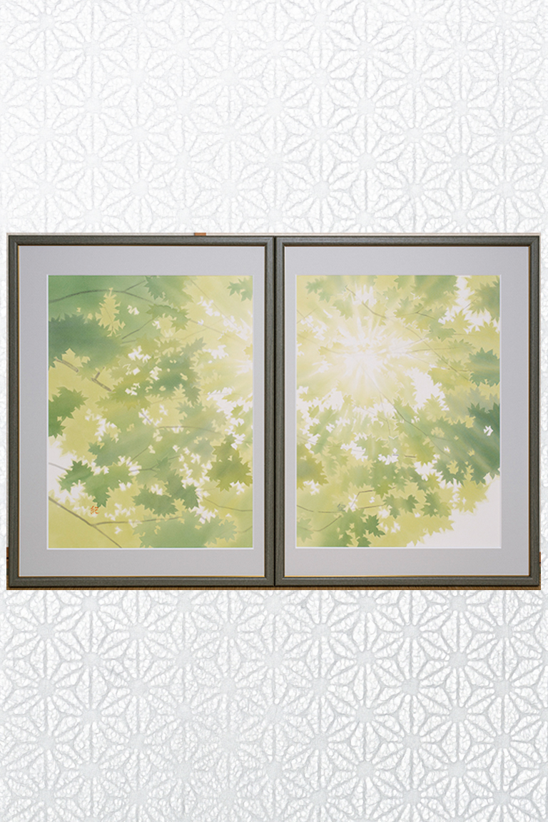 額絵（こもれび）
Framed textile 'Sunlight shining through tree branches'